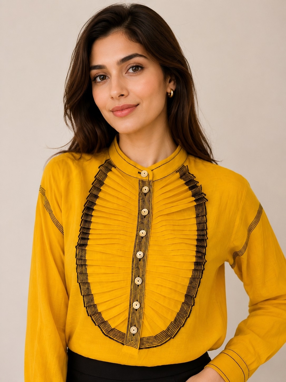 Tory Burch Mustard Ochre Yellow Ruffled Contrast Stitch Cotton Silk Blouse Top